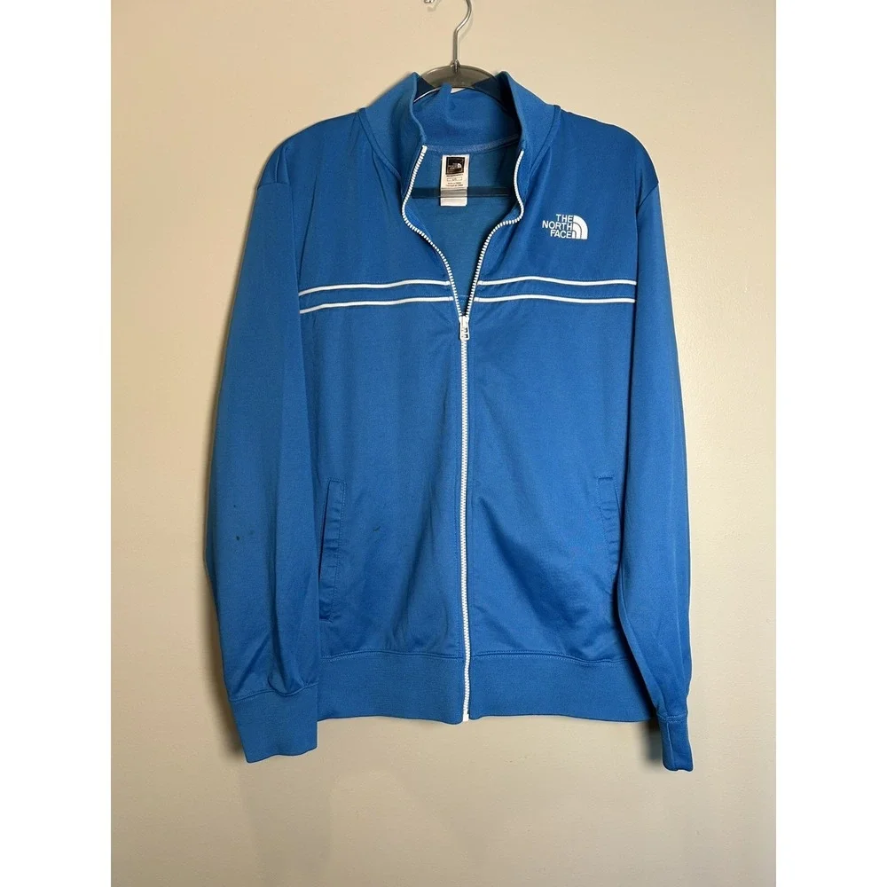 The North Face Men Large Blue Full Zip Track Stripe Athletic Outdoor gym jacket